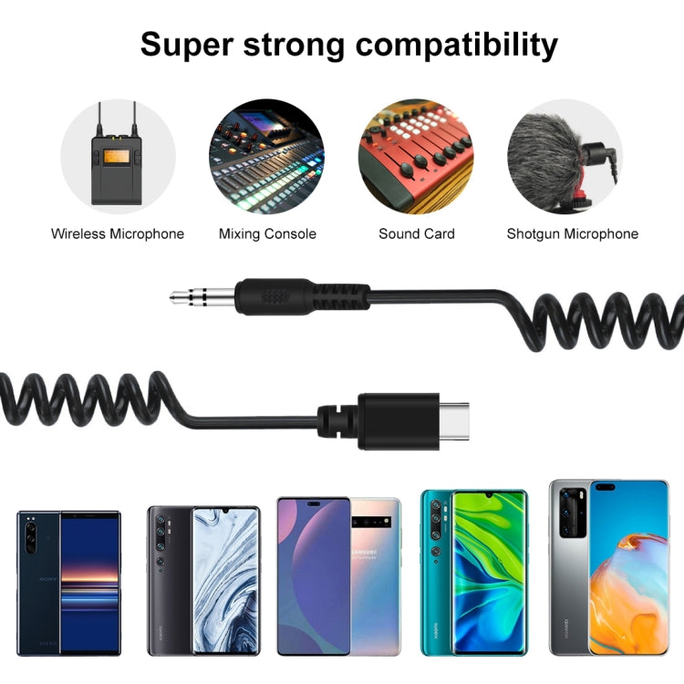 PULUZ 3.5mm TRRS Male to Type-C / USB-C Male Live Microphone Audio Adapter Spring Coiled Cable for Samsung, Huawei and Smartphones, Cable Stretching to 100cm(Black) - Microphone Audio Cable & Connector by PULUZ | Online Shopping South Africa | PMC TechLife | Buy Now Pay Later Mobicred