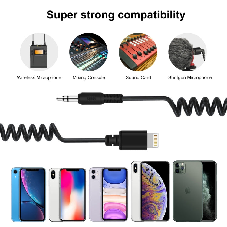 PULUZ 3.5mm TRRS Male to 8 Pin Male Live Microphone Audio Adapter Spring Coiled Cable for iPhone, Cable Stretching to 100cm(Black) - free shipping - PMC Jewellery - Order now!