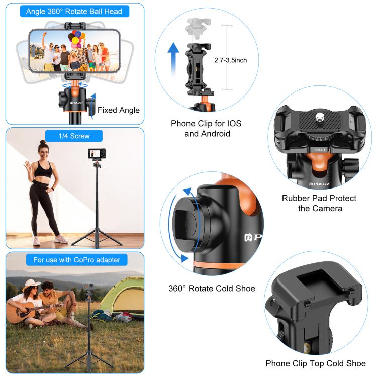 PULUZ 1.4m Phone Selfie Stick Tripod Vlog Live Streaming Holder with Phone Clip (Black) - free shipping - PMC TechLife - Order now!