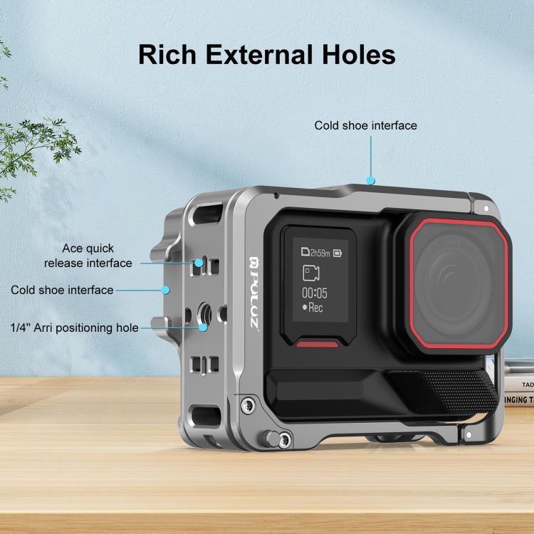 For Insta360 Ace Pro 2 PULUZ Aluminum Alloy Protective Cage Rig Dual Cold Shoe Housing Frame (Silver) - free shipping - PMC TechLife - Order now!
