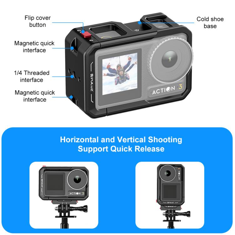 For DJI Osmo Action 5 Pro / 4 / 3 PULUZ All-inclusive Aluminum Alloy Cage Expansion Adapter Frame with Lens Cover (Black) - free shipping - PMC TechLife - Order now!