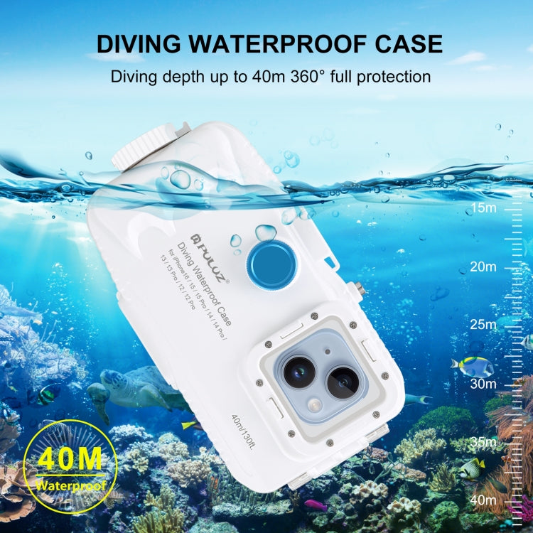PULUZ 40m/130ft Waterproof Diving Case for iPhone 16 / 15 / 15 Pro / 14 / 14 Pro / 13 / 13 Pro / 12 / 12 Pro, with One-way Valve Photo Video Taking Underwater Housing Cover(White) - free shipping - PMC TechLife - Order now!