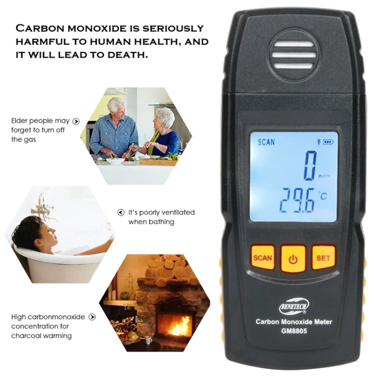 BENETECH GM8805 LCD Display Handheld Carbon Monoxide CO Monitor Detector Meter Tester, Measure Range: 0-1000ppm(Black) - Gas Monitor by BENETECH | Online Shopping South Africa | PMC TechLife | Buy Now Pay Later Mobicred