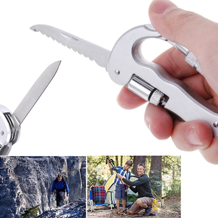 Heavy Duty D Shape Carabiner Clip-On Clamp Key Chain Hook with Dual Knife & LED Torch(Silver) - Hooks by PMC TechLife | Online Shopping South Africa | PMC TechLife | Buy Now Pay Later Mobicred