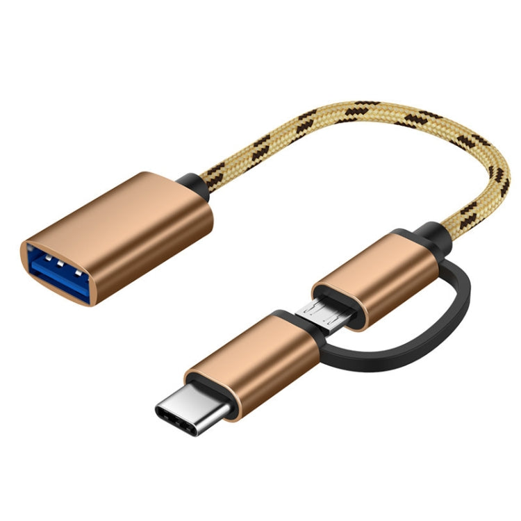 USB 3.0 Female to Micro USB + USB-C / Type-C Male Charging + Transmission OTG Nylon Braided Adapter Cable, Cable Length: 17cm (Gold) - OTG Adapter by PMC Jewellery | Online Shopping South Africa | PMC Jewellery | Buy Now Pay Later Mobicred