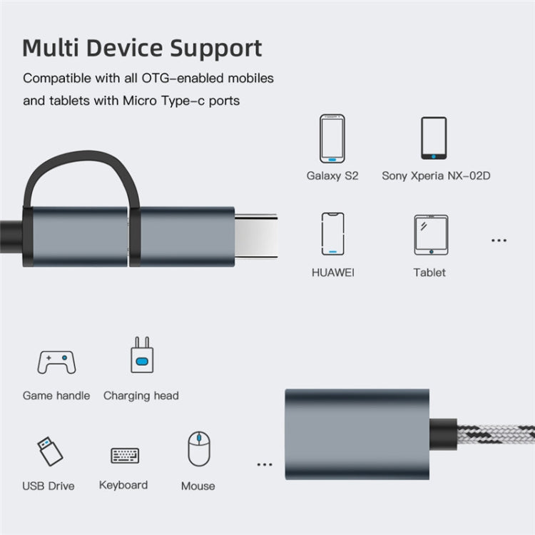 USB 3.0 Female to Micro USB + USB-C / Type-C Male Charging + Transmission OTG Nylon Braided Adapter Cable, Cable Length: 17cm (Gold) - OTG Adapter by PMC Jewellery | Online Shopping South Africa | PMC Jewellery | Buy Now Pay Later Mobicred