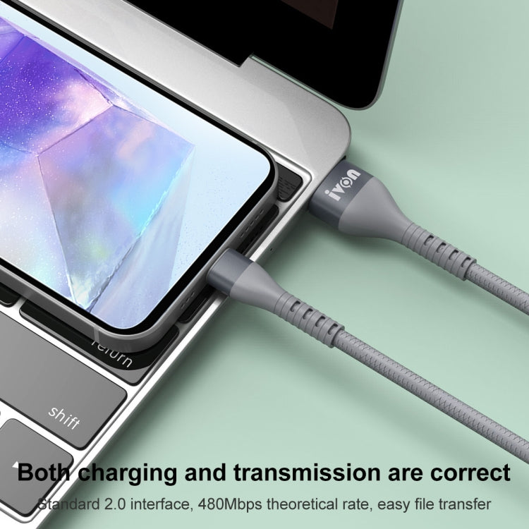 IVON CA92 2.4A Max USB to USB-C / Type-C Rubber Fast Charging Data Cable, Length: 1.5m (Black) - USB-C & Type-C Cable by IVON | Online Shopping South Africa | PMC TechLife | Buy Now Pay Later Mobicred