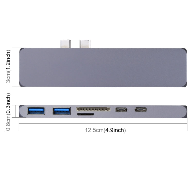 Multi-function Aluminium Alloy Dual USB-C / Type-C HUB Adapter with HDMI Female & 2 x USB 3.0 Ports & 2 x USB-C / Type-C Ports & SD Card Slot & TF Card Slot - USB HUB by PMC Jewellery | Online Shopping South Africa | PMC Jewellery | Buy Now Pay Later Mobicred
