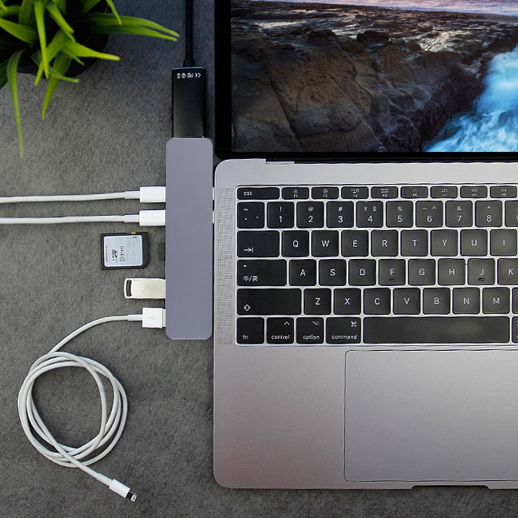 Multi-function Aluminium Alloy Dual USB-C / Type-C HUB Adapter with HDMI Female & 2 x USB 3.0 Ports & 2 x USB-C / Type-C Ports & SD Card Slot & TF Card Slot - USB HUB by PMC Jewellery | Online Shopping South Africa | PMC Jewellery | Buy Now Pay Later Mobicred