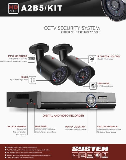 A2B5 720P 1.0 Mega Pixel 2 x Bullet AHD Cameras AHD DVR Kit, Support Night Vision / Motion Detection, IR Distance: 20m(Black) - Video Recorder Kit by PMc TechLife | Online Shopping South Africa | PMc TechLife | Buy Now Pay Later Mobicred