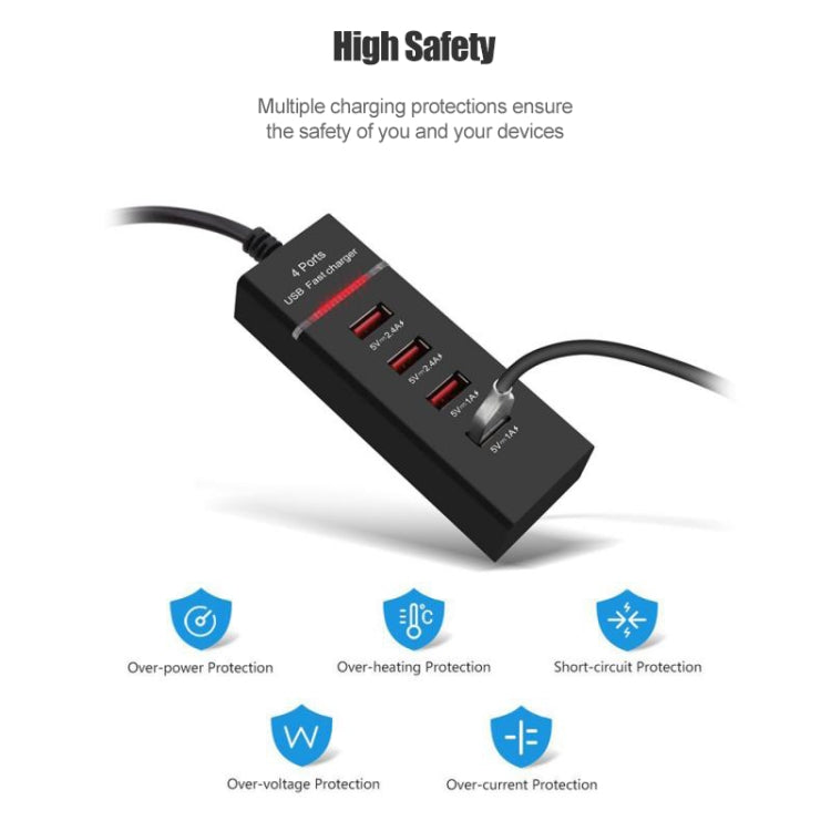 5V 4.1A 4 USB Ports Charger Adapter with Power Plug Cable, Cable Length: 1.5m, EU Plug(Black) - Multifunction Charger by PMC Jewellery | Online Shopping South Africa | PMC Jewellery | Buy Now Pay Later Mobicred