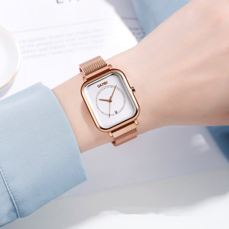 SKMEI 9207 Fashion Creative Simple Watch Men Magnetic Buckle Mesh Belt Steel Belt Couple Quartz Watch(Rose Gold White) - free shipping - PMC TechLife - Order now!