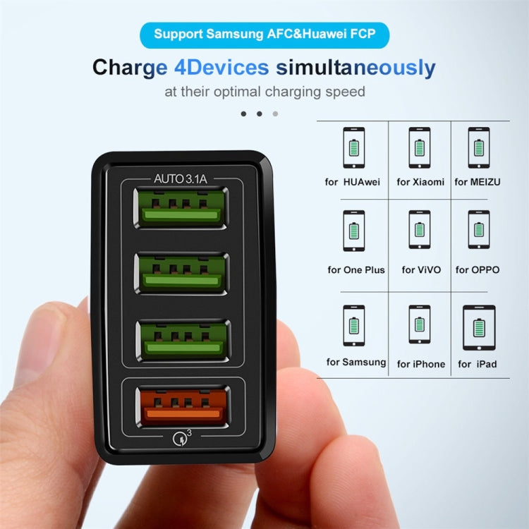 2 in 1 1m USB to 8 Pin Data Cable + 30W QC 3.0 4 USB Interfaces Mobile Phone Tablet PC Universal Quick Charger Travel Charger Set, US Plug(Black) - USB Charger by PMC Jewellery | Online Shopping South Africa | PMC Jewellery | Buy Now Pay Later Mobicred