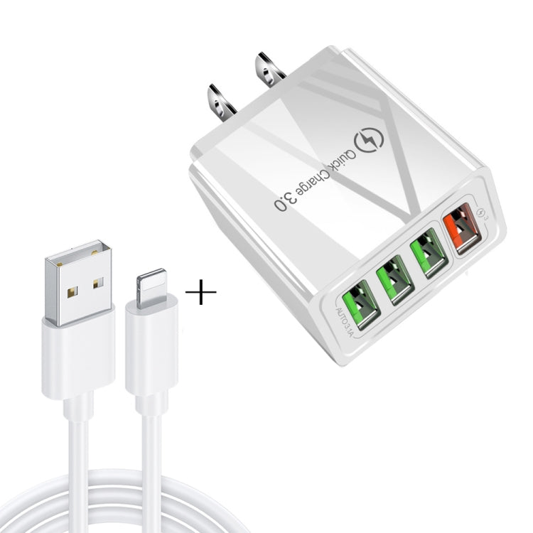 2 in 1 1m USB to 8 Pin Data Cable + 30W QC 3.0 4 USB Interfaces Mobile Phone Tablet PC Universal Quick Charger Travel Charger Set, US Plug(White) - USB Charger by PMC Jewellery | Online Shopping South Africa | PMC Jewellery | Buy Now Pay Later Mobicred