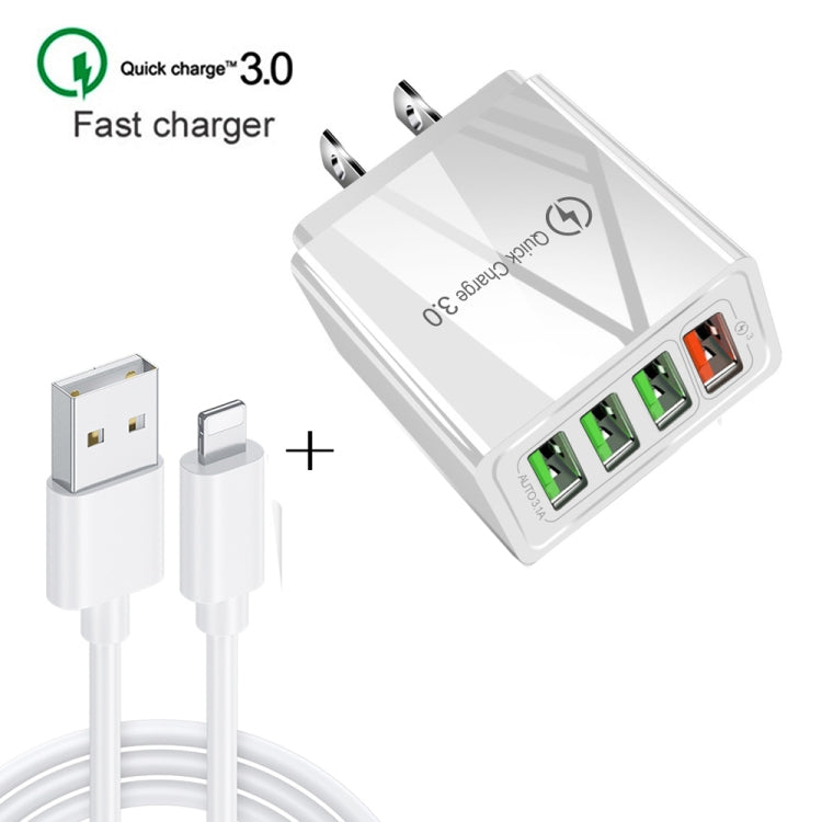 2 in 1 1m USB to 8 Pin Data Cable + 30W QC 3.0 4 USB Interfaces Mobile Phone Tablet PC Universal Quick Charger Travel Charger Set, US Plug(White) - USB Charger by PMC Jewellery | Online Shopping South Africa | PMC Jewellery | Buy Now Pay Later Mobicred