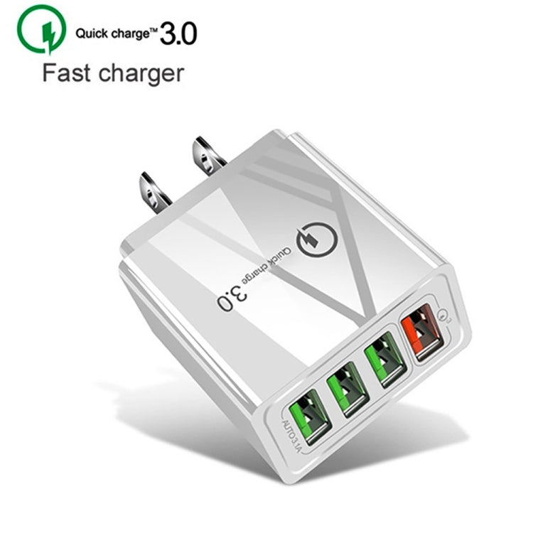 2 in 1 1m USB to 8 Pin Data Cable + 30W QC 3.0 4 USB Interfaces Mobile Phone Tablet PC Universal Quick Charger Travel Charger Set, US Plug(White) - USB Charger by PMC Jewellery | Online Shopping South Africa | PMC Jewellery | Buy Now Pay Later Mobicred