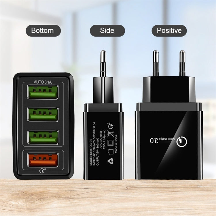 2 in 1 1m USB to 8 Pin Data Cable + 30W QC 3.0 4 USB Interfaces Mobile Phone Tablet PC Universal Quick Charger Travel Charger Set, EU Plug(Black) - USB Charger by PMC Jewellery | Online Shopping South Africa | PMC Jewellery | Buy Now Pay Later Mobicred