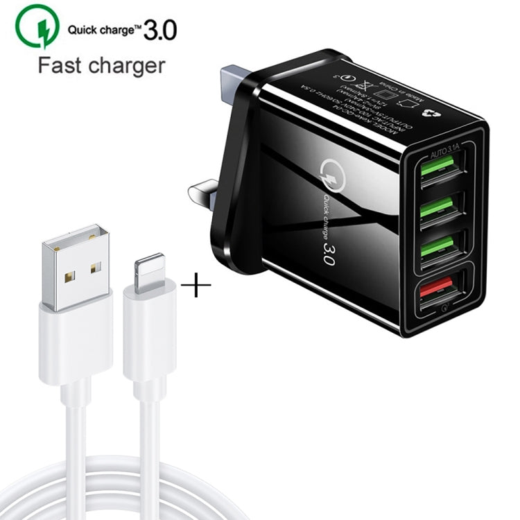 2 in 1 1m USB to 8 Pin Data Cable + 30W QC 3.0 4 USB Interfaces Mobile Phone Tablet PC Universal Quick Charger Travel Charger Set, UK Plug(Black) - USB Charger by PMC Jewellery | Online Shopping South Africa | PMC Jewellery | Buy Now Pay Later Mobicred