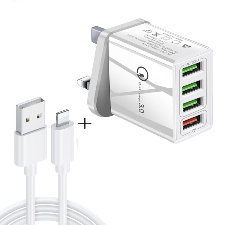2 in 1 1m USB to 8 Pin Data Cable + 30W QC 3.0 4 USB Interfaces Mobile Phone Tablet PC Universal Quick Charger Travel Charger Set, UK Plug(White) - USB Charger by PMC Jewellery | Online Shopping South Africa | PMC Jewellery | Buy Now Pay Later Mobicred
