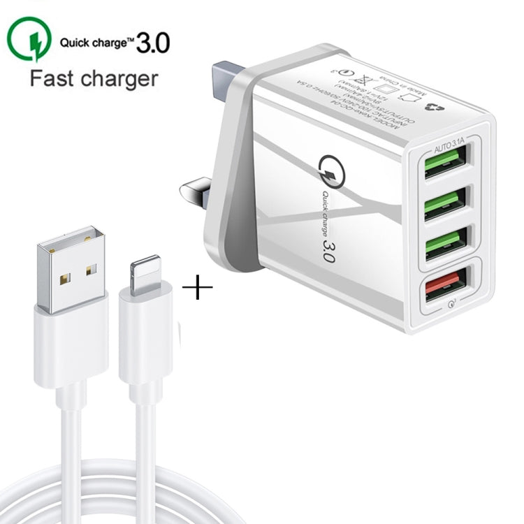 2 in 1 1m USB to 8 Pin Data Cable + 30W QC 3.0 4 USB Interfaces Mobile Phone Tablet PC Universal Quick Charger Travel Charger Set, UK Plug(White) - USB Charger by PMC Jewellery | Online Shopping South Africa | PMC Jewellery | Buy Now Pay Later Mobicred