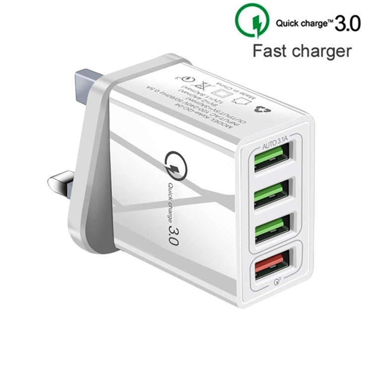 2 in 1 1m USB to 8 Pin Data Cable + 30W QC 3.0 4 USB Interfaces Mobile Phone Tablet PC Universal Quick Charger Travel Charger Set, UK Plug(White) - USB Charger by PMC Jewellery | Online Shopping South Africa | PMC Jewellery | Buy Now Pay Later Mobicred
