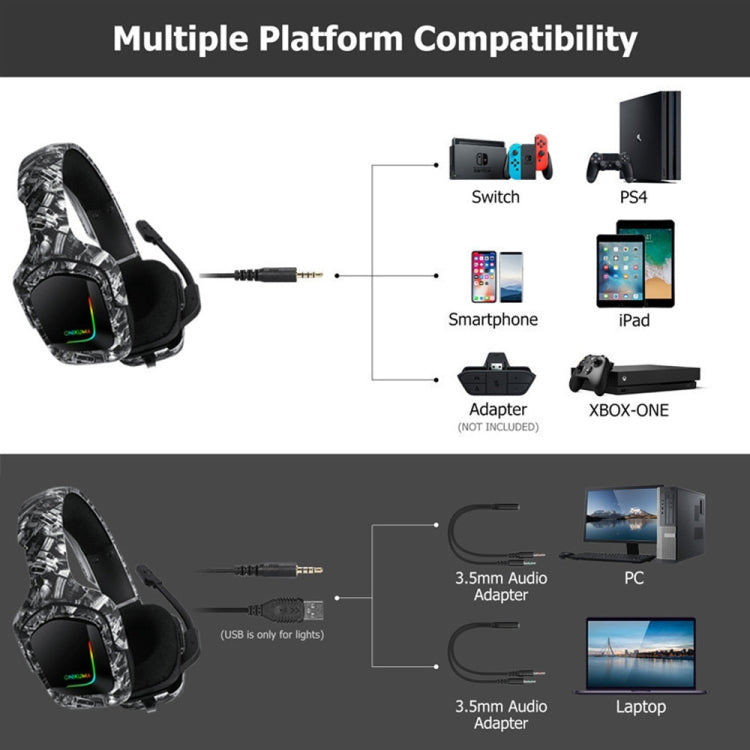 ONIKUMA K20 PS4 Surround Sound Bass PC Gamer Headphone with Microphone, RGB Light(Black Gray) - free shipping - PMC Jewellery - Order now!