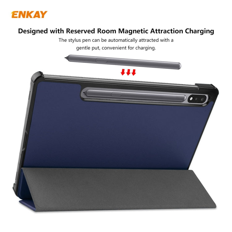 ENKAY ENK-8010 PU Leather + Plastic Smart Case with Three-folding Holder for Samsung Galaxy Tab S8 / Galaxy Tab S7 11.0 T870 / T875(Dark Blue) - free shipping - PMc TechLife - Order now!