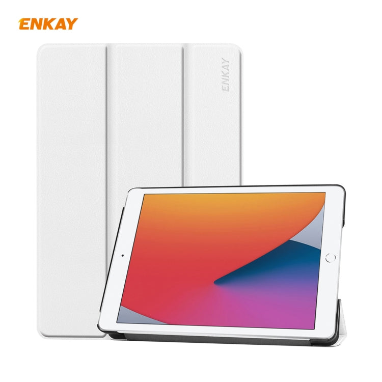 For iPad 10.2 2021 / 2020 / 2019 ENKAY ENK-8014 PU Leather + Plastic Smart Case with Three-folding Holder(White) - free shipping - PMc TechLife - Order now!