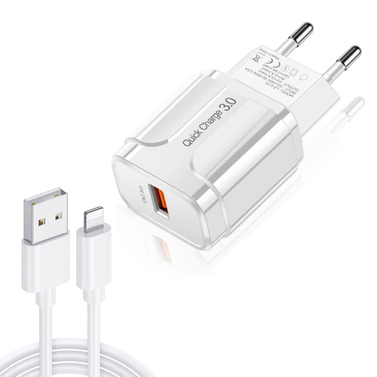 LZ-023 18W QC 3.0 USB Portable Travel Charger + 3A USB to 8 Pin Data Cable, EU Plug(White) - free shipping - PMC Jewellery - Order now!