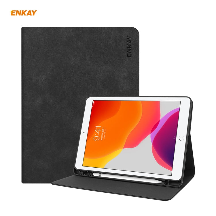 For iPad 10.2 2021 / 2020 / 2019 ENKAY ENK-8023 Cow Texture PU Leather + TPU Smart Case with Pen Slot(Black) - free shipping - PMc TechLife - Order now!
