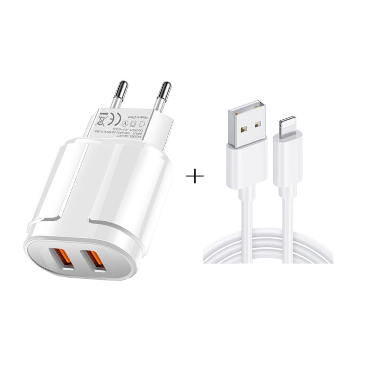 Dual USB Portable Travel Charger + 1 Meter USB to 8 Pin Data Cable, EU Plug(White) - USB Charger by PMC Jewellery | Online Shopping South Africa | PMC Jewellery | Buy Now Pay Later Mobicred