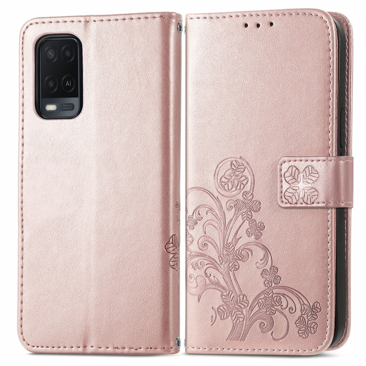 For OPPO A54  4G Four-leaf Clasp Embossed Buckle Mobile Phone Protection Leather Case with Lanyard & Card Slot & Wallet & Bracket Function(Rose Gold) - OPPO Cases by PMC TechLife | Online Shopping South Africa | PMC TechLife