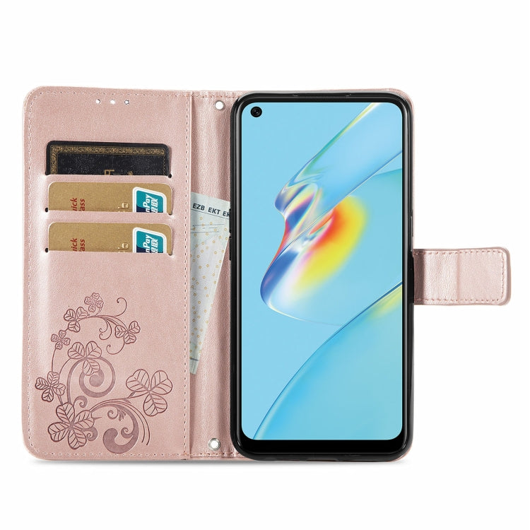 For OPPO A54  4G Four-leaf Clasp Embossed Buckle Mobile Phone Protection Leather Case with Lanyard & Card Slot & Wallet & Bracket Function(Rose Gold) - OPPO Cases by PMC TechLife | Online Shopping South Africa | PMC TechLife