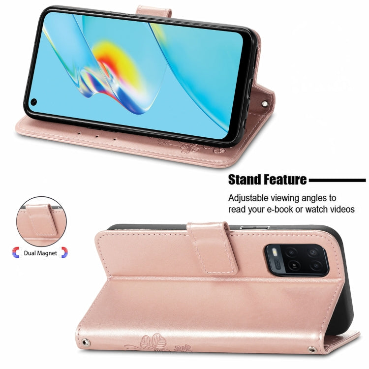 For OPPO A54  4G Four-leaf Clasp Embossed Buckle Mobile Phone Protection Leather Case with Lanyard & Card Slot & Wallet & Bracket Function(Rose Gold) - OPPO Cases by PMC TechLife | Online Shopping South Africa | PMC TechLife