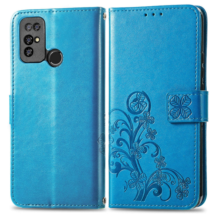 For  Doogee X96 Pro Four-leaf Clasp Embossed Buckle Mobile Phone Protection Leather Case with Lanyard & Card Slot & Wallet & Bracket Function(Blue) - free shipping - PMC TechLife - Order now!