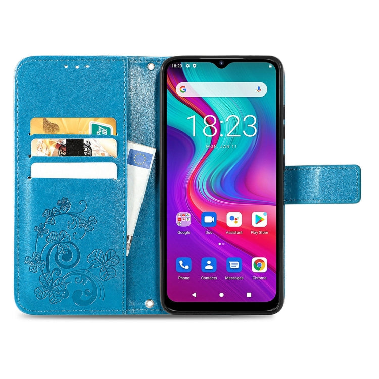 For  Doogee X96 Pro Four-leaf Clasp Embossed Buckle Mobile Phone Protection Leather Case with Lanyard & Card Slot & Wallet & Bracket Function(Blue) - free shipping - PMC TechLife - Order now!
