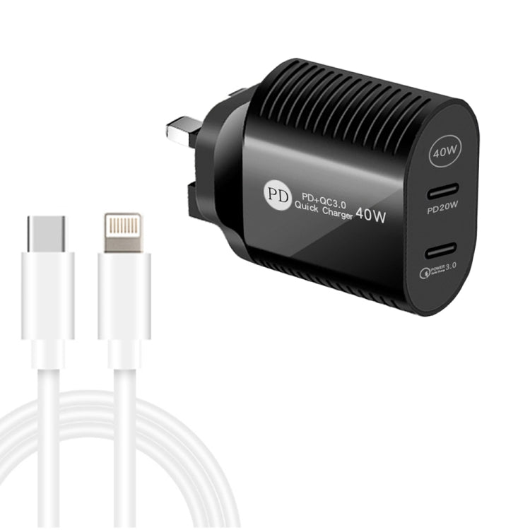 40W Dual Port PD / Type-C Fast Charger with Type-C to 8 Pin Data Cable, UK Plug(Black) - free shipping - PMC Jewellery - Order now!