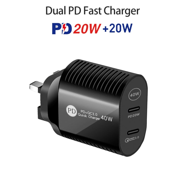 40W Dual Port PD / Type-C Fast Charger with Type-C to 8 Pin Data Cable, UK Plug(Black) - free shipping - PMC Jewellery - Order now!