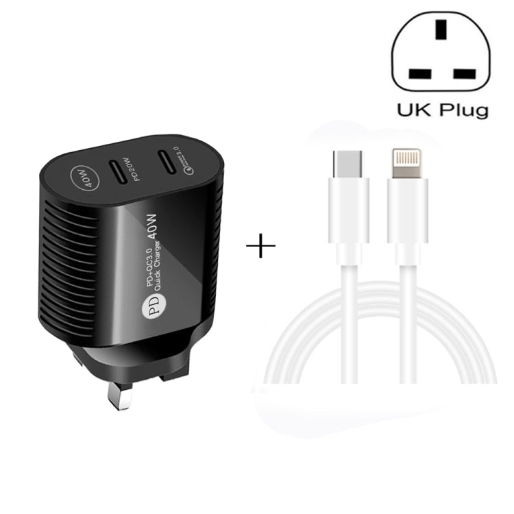 40W Dual Port PD / Type-C Fast Charger with Type-C to 8 Pin Data Cable, UK Plug(Black) - free shipping - PMC Jewellery - Order now!