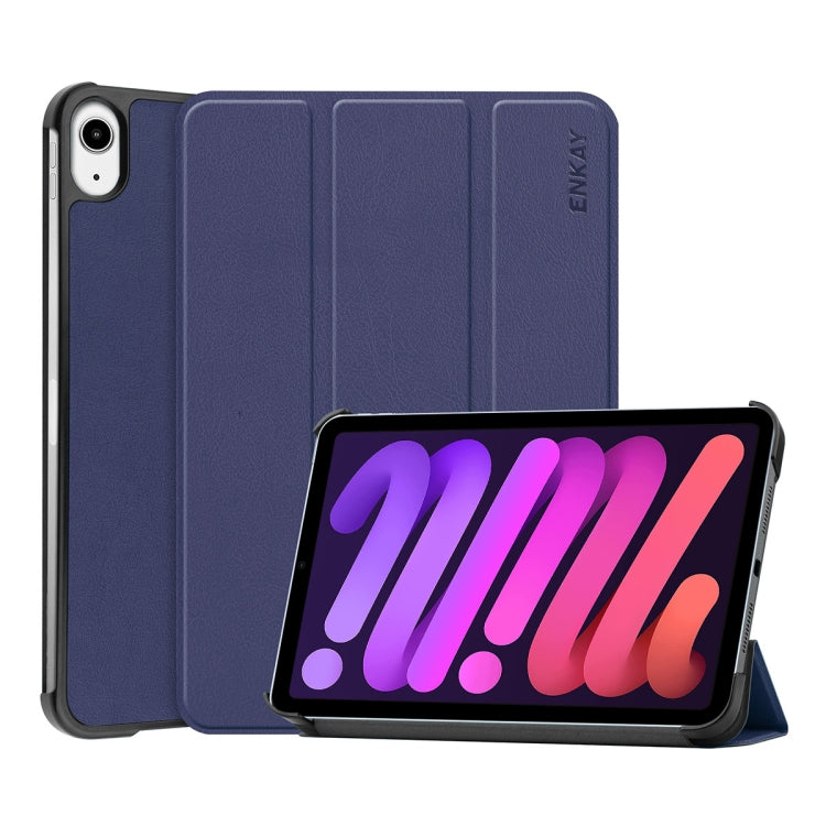 For iPad mini 2024 / mini 6 ENKAY Custer Texture Horizontal Flip PU+PC Leather Tablet Case with Three-folding Holder & Sleep / Wake-up Function(Dark Blue) - free shipping - PMc TechLife - Order now!