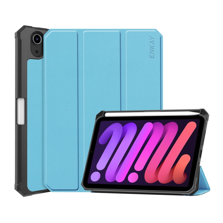 For iPad mini 2024 / mini 6 ENKAY Custer Texture Horizontal Flip PU+TPU Leather Tablet Case with Three-folding Holder & Sleep / Wake-up Function & Pen Holder(Light Blue) - free shipping - PMc TechLife - Order now!