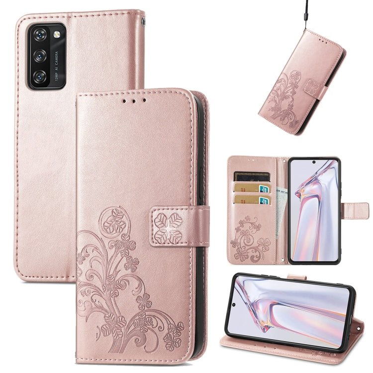 For Blackview A100 Four-leaf Clasp Embossed Buckle Mobile Phone Protection Leather Case with Lanyard & Card Slot & Wallet & Bracket Function(Rose Gold) - free shipping - PMC TechLife - Order now!