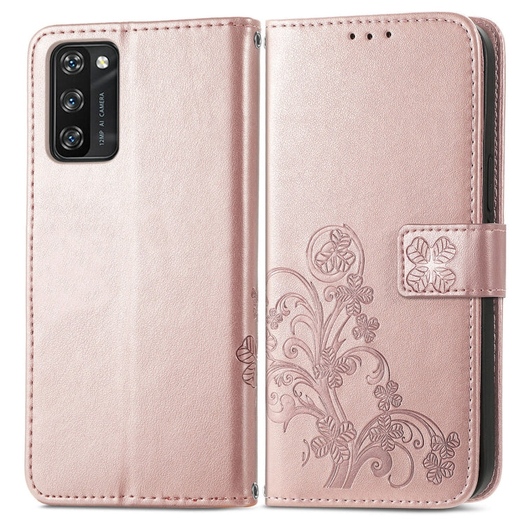 For Blackview A100 Four-leaf Clasp Embossed Buckle Mobile Phone Protection Leather Case with Lanyard & Card Slot & Wallet & Bracket Function(Rose Gold) - free shipping - PMC TechLife - Order now!