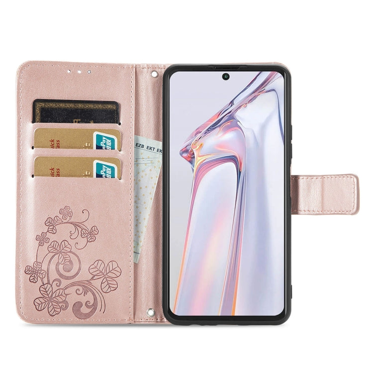 For Blackview A100 Four-leaf Clasp Embossed Buckle Mobile Phone Protection Leather Case with Lanyard & Card Slot & Wallet & Bracket Function(Rose Gold) - free shipping - PMC TechLife - Order now!