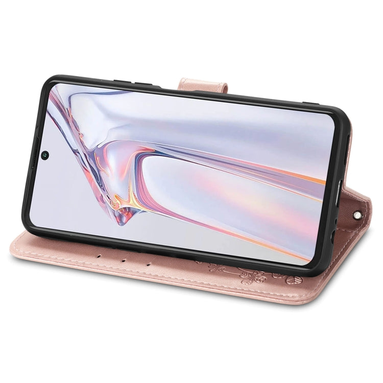 For Blackview A100 Four-leaf Clasp Embossed Buckle Mobile Phone Protection Leather Case with Lanyard & Card Slot & Wallet & Bracket Function(Rose Gold) - free shipping - PMC TechLife - Order now!