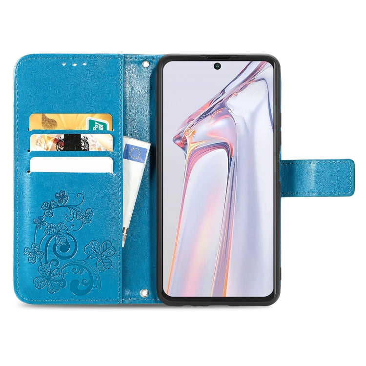 For Blackview A100 Four-leaf Clasp Embossed Buckle Mobile Phone Protection Leather Case with Lanyard & Card Slot & Wallet & Bracket Function(Blue) - More Brand by PMC TechLife | Online Shopping South Africa | PMC TechLife | Buy Now Pay Later Mobicred