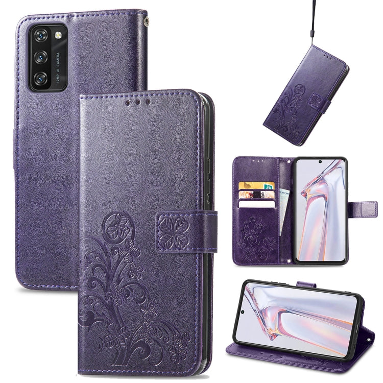 For Blackview A100 Four-leaf Clasp Embossed Buckle Mobile Phone Protection Leather Case with Lanyard & Card Slot & Wallet & Bracket Function(Purple) - More Brand by PMC TechLife | Online Shopping South Africa | PMC TechLife | Buy Now Pay Later Mobicred