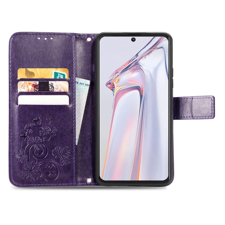 For Blackview A100 Four-leaf Clasp Embossed Buckle Mobile Phone Protection Leather Case with Lanyard & Card Slot & Wallet & Bracket Function(Purple) - More Brand by PMC TechLife | Online Shopping South Africa | PMC TechLife | Buy Now Pay Later Mobicred
