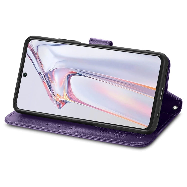 For Blackview A100 Four-leaf Clasp Embossed Buckle Mobile Phone Protection Leather Case with Lanyard & Card Slot & Wallet & Bracket Function(Purple) - More Brand by PMC TechLife | Online Shopping South Africa | PMC TechLife | Buy Now Pay Later Mobicred