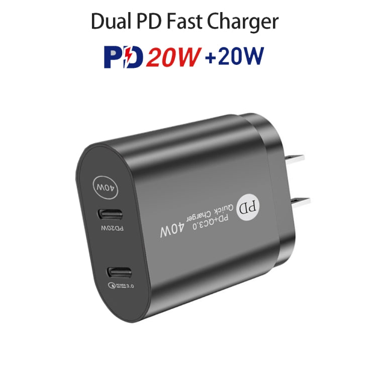 002 40W Dual Port PD USB-C / Type-C Fast Charger for iPhone / iPad Series, US Plug(Black) - USB Charger by PMC Jewellery | Online Shopping South Africa | PMC Jewellery | Buy Now Pay Later Mobicred